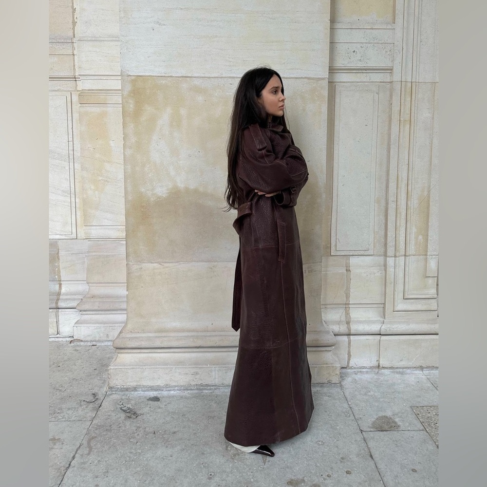En Cuir Pebbled Leather Trench in Brown / Burgundy 100% Leather VERY OVERSIZED - Picture 13 of 14